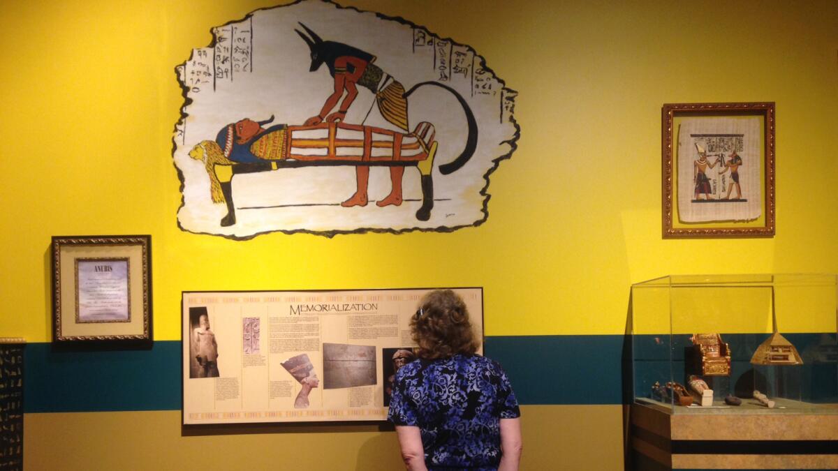 An exhibit at the National Museum of Funeral History explains the embalming practices of the ancient Egyptians.