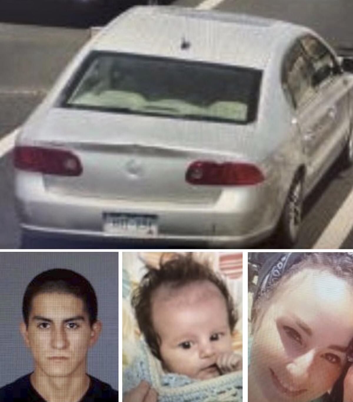 A photo of a silver sedan above images of a man, an infant girl and a woman
