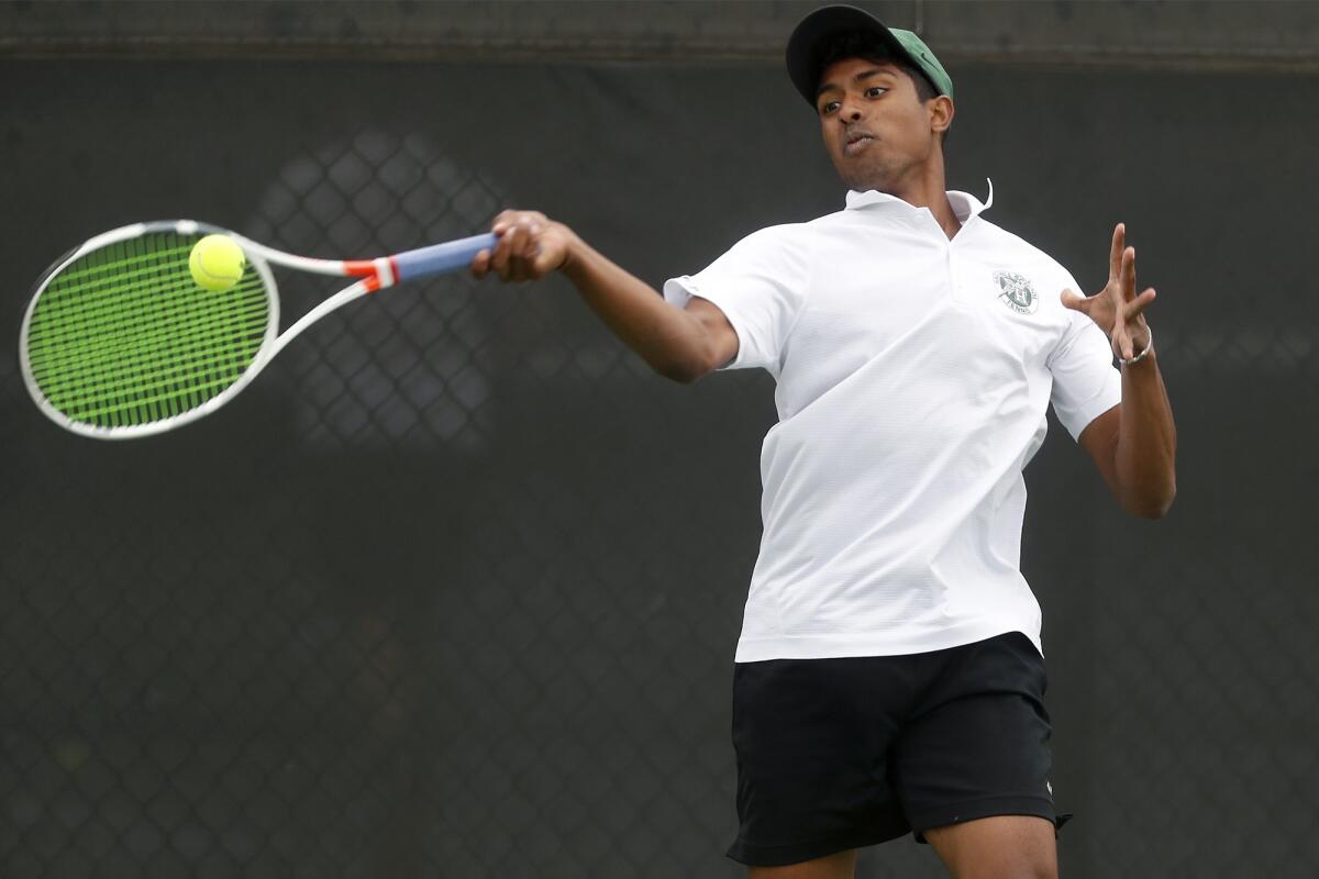 Sage Hill School No. 3 singles player Rohun Krishnan competes against Ventura in the semifinals of the CIF Southern Section Division 1 playoffs at home on Wednesday.
