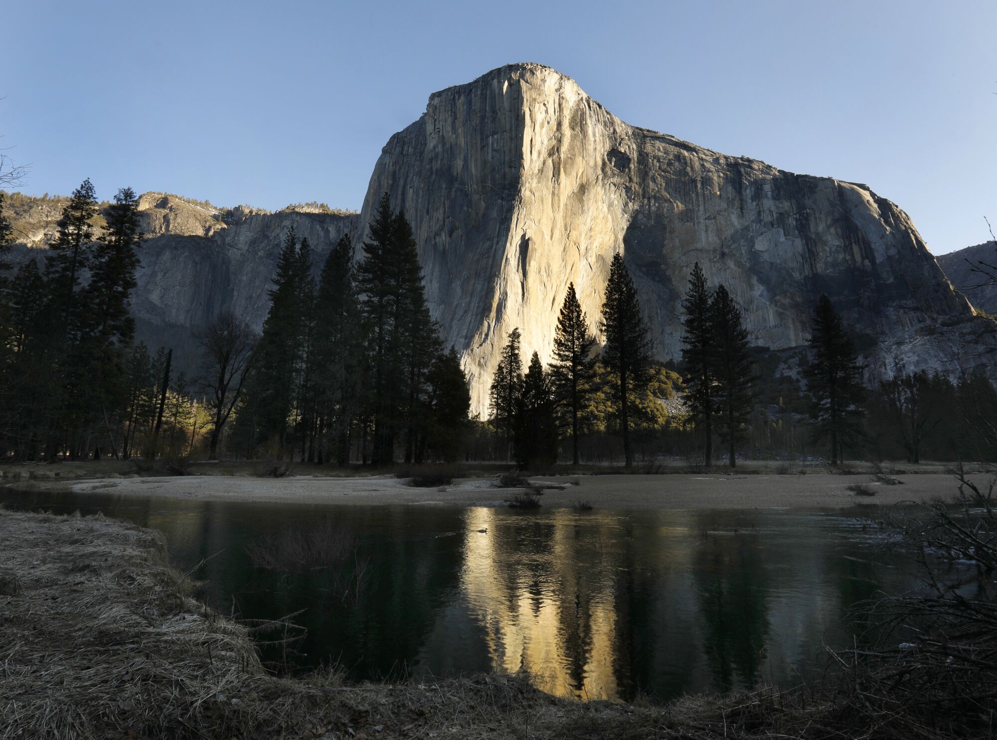 El Capitan bathed in light at sunrise inside Yosemite National Park