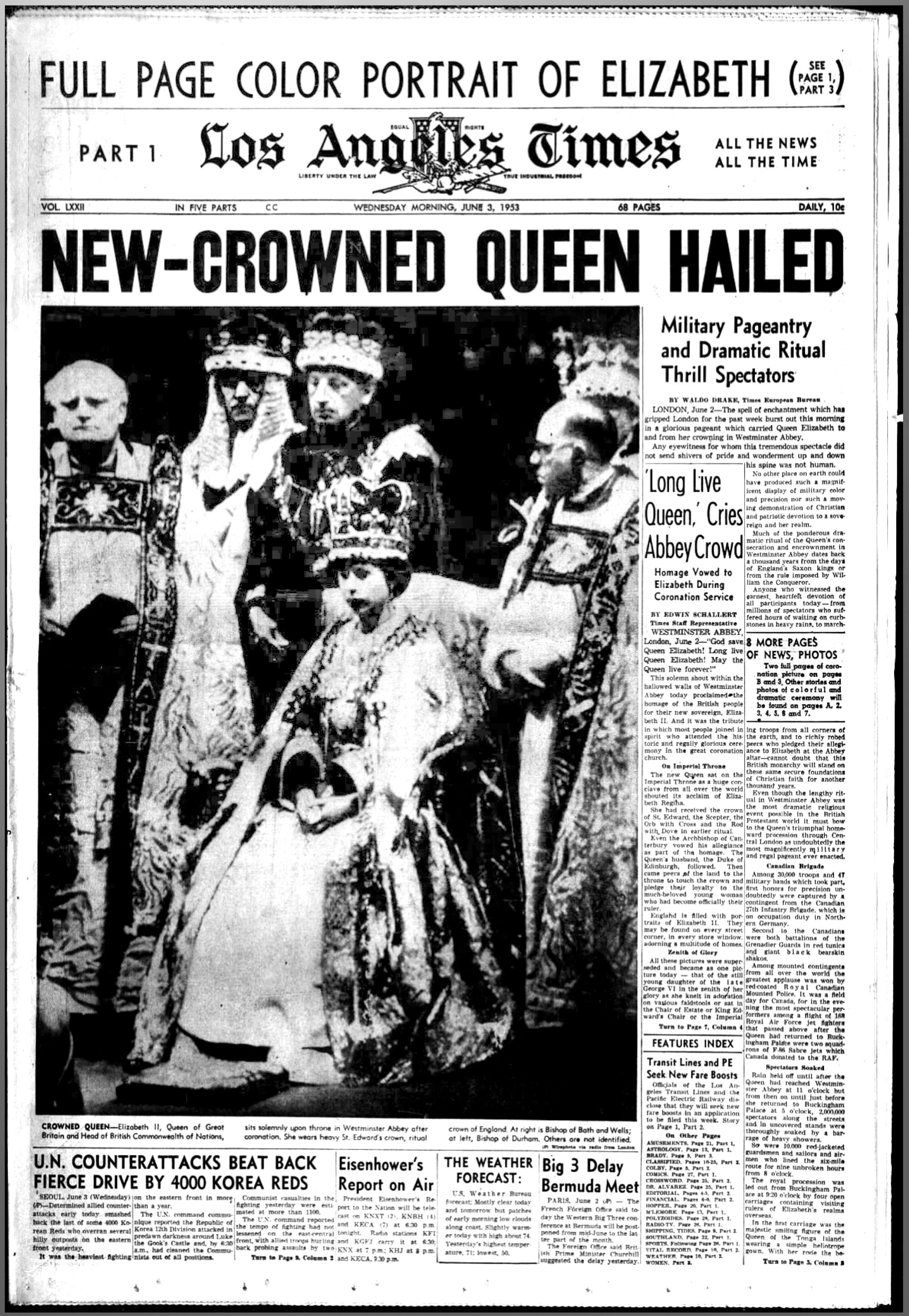 The Los Angeles Times' front-page headline reads, New-Crowned Queen Hailed, above a photo of a seated woman wearing a crown