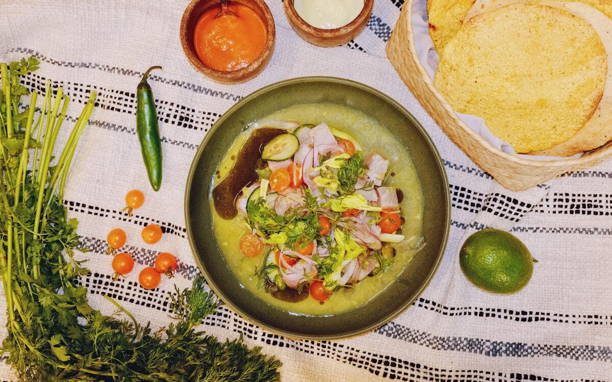  Ceviche from Damian chef de cuisine Jesus "Chuy" Cervantes in the Los Angeles Times Test Kitchen on July 24, 2024.