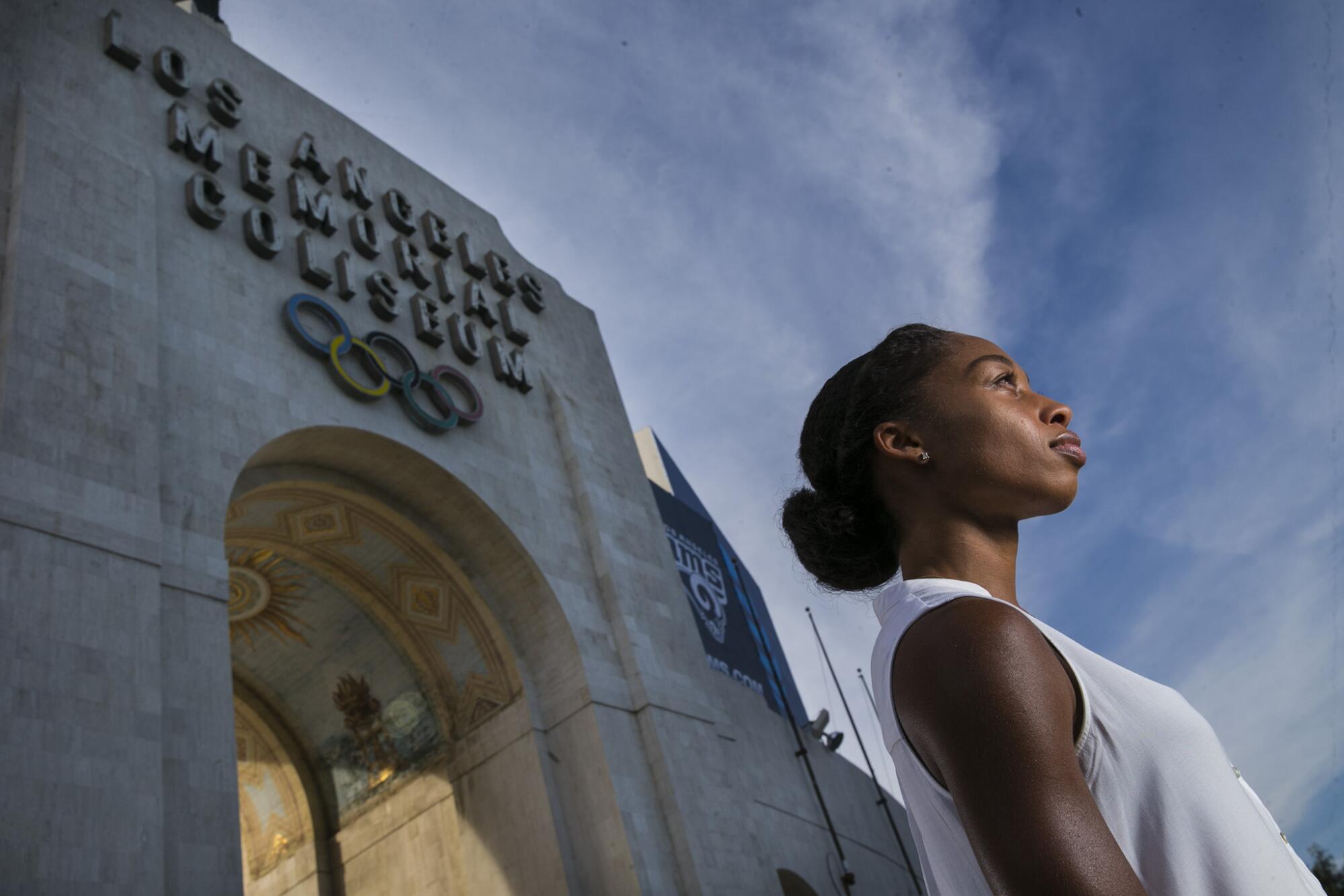 Allyson Felix, a graduate of USC, poses for a photo at the Coliseum.