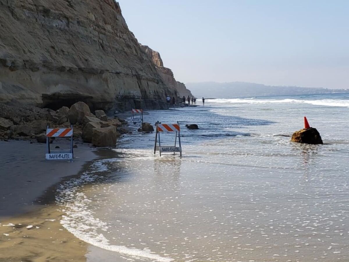 On Saturday, Aug. 31, local California State Parks officials posted on Facebook this photo of the aftermath of a new bluff collapse at Torrey Pines State Beach, between Tower 1 and Flat Rock Beach.