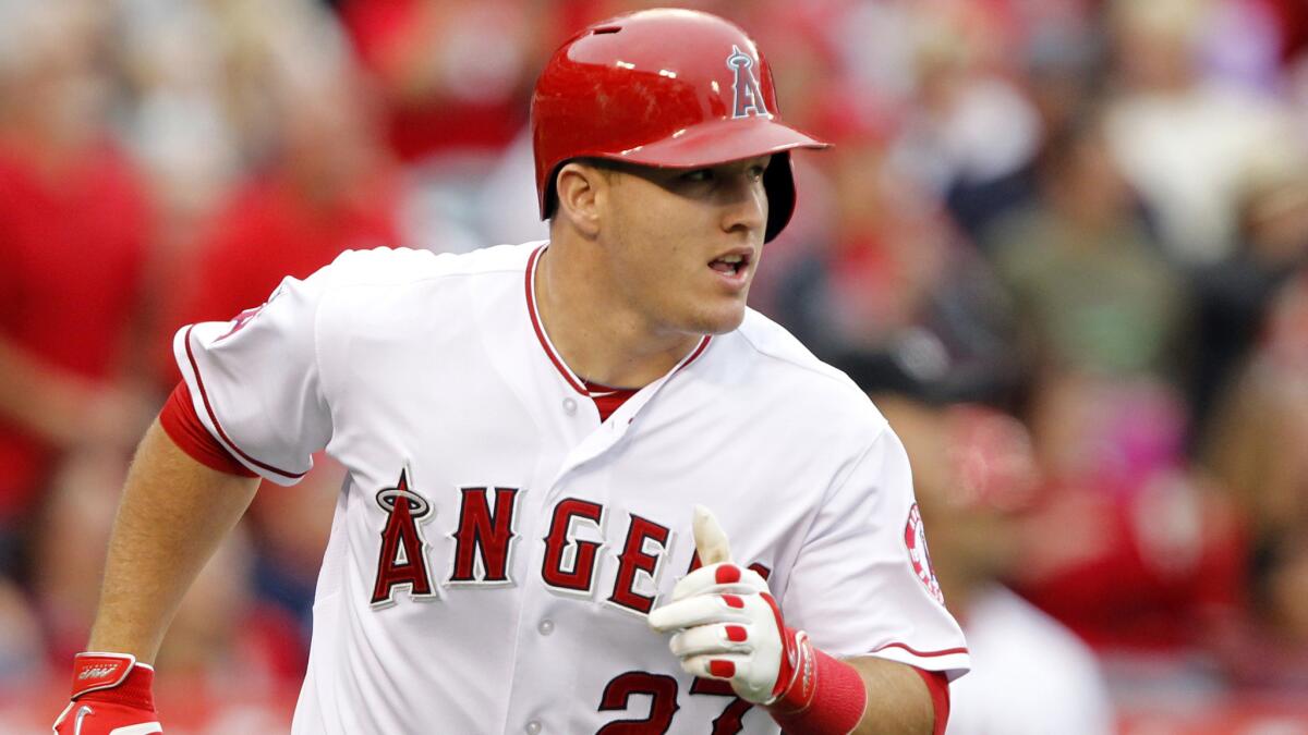 Angels center fielder Mike Trout will not play Saturday against the Oakland Athletics because of stiffness in his upper back.