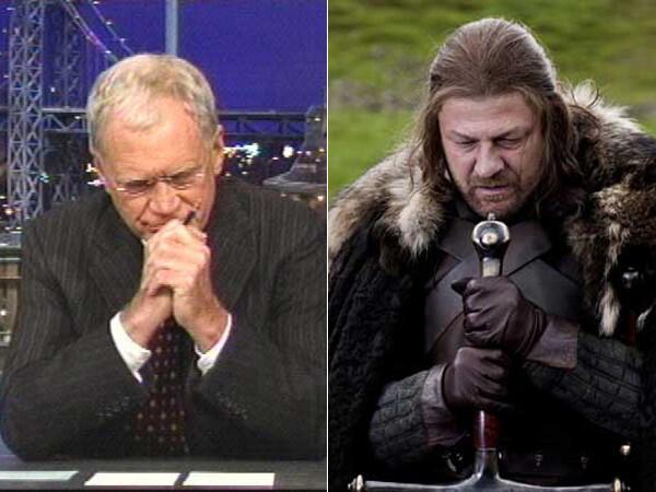 The sword of Ned Stark (Sean Bean, right) and his armies were key to putting King Baratheon in power. Jay Leno's rise to prominence was made possible only by his numerous appearances on "Late Night with David Letterman." Of course, Stark's fate was not as merciful as Letterman's. "Late Show" on CBS isn't such a bad gig.
