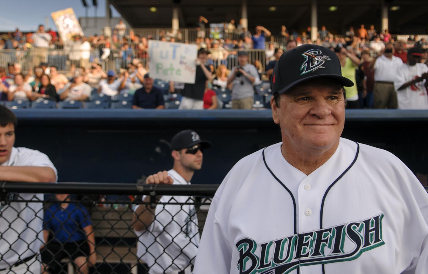 Baseball great Pete Rose, 73, looks out over the Bridgeport Bluefish diamond as his team takes the field.
