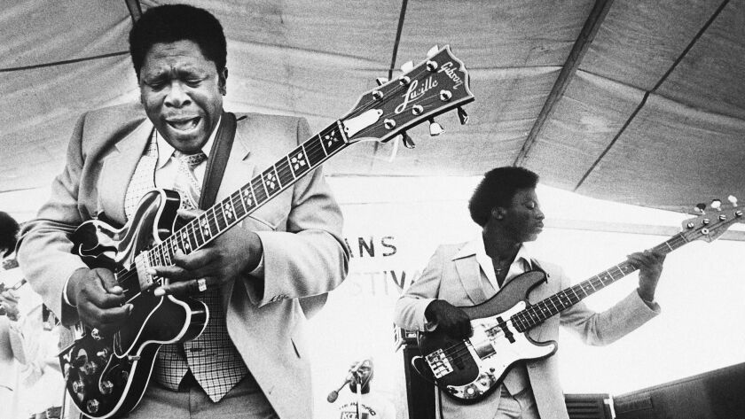 B.B. King, left, and bassist perform at the 1980 New Orleans Jazz & Heritage Festival.
