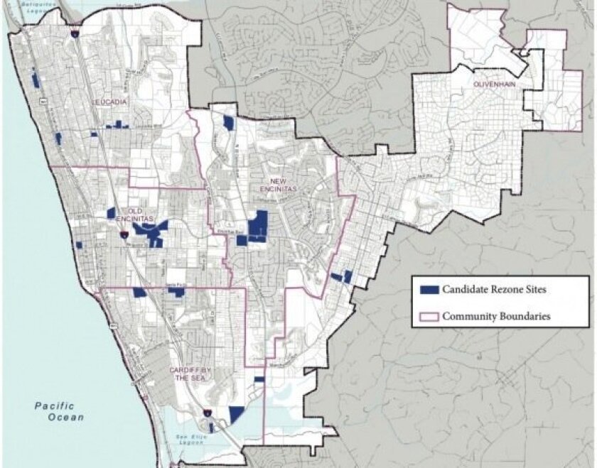 As a starting point for conversation, residents will be presented with maps showing where state-mandated housing could be located in Encinitas’ five communities. Image courtesy of the city of Encinitas.