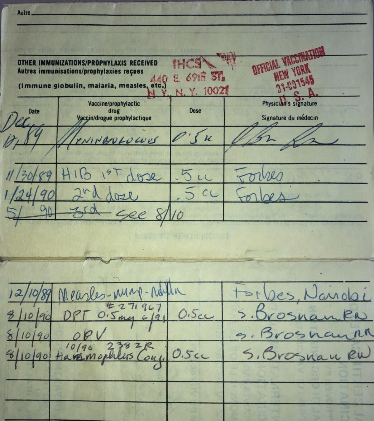 A form with dates and doctors' signatures has a stamp that reads, in part, "Official Vaccination."