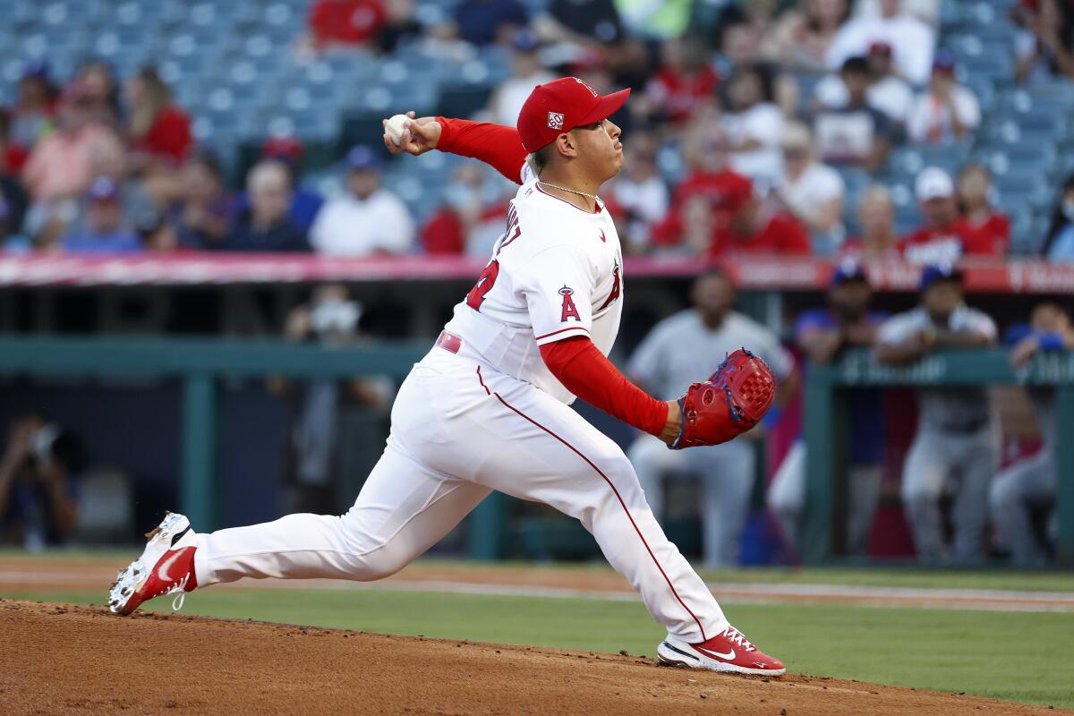 The Angels' José Suarez pitches against the Texas Rangers on Saturday.