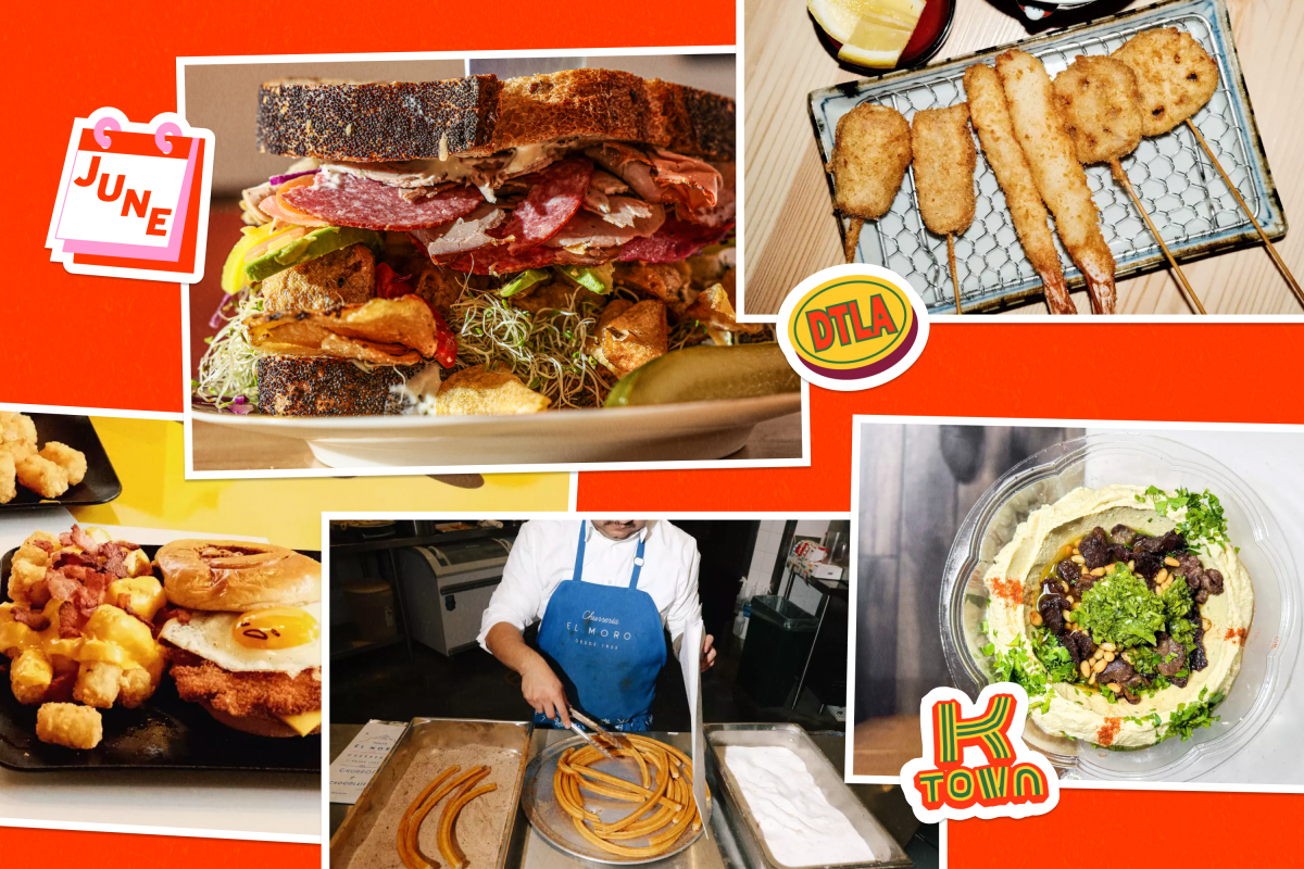 Collage of food photographs: sandwiches, burgers, churros