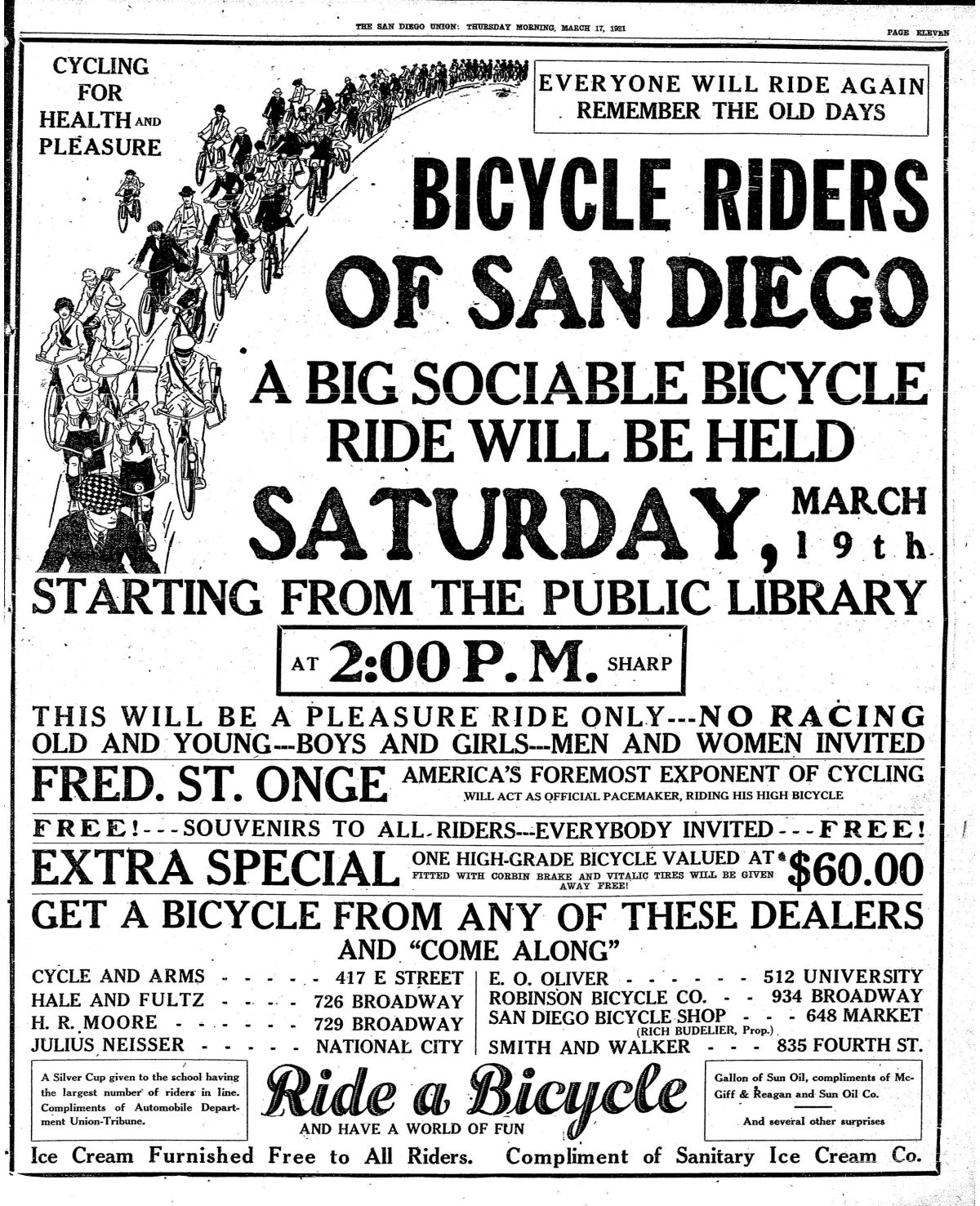 A full-page bicycle advertisement from The San Diego Union, March 17, 1921.