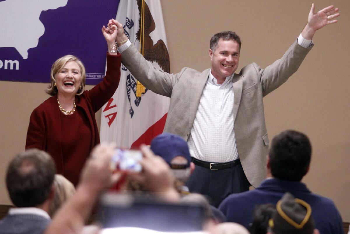 Hillary Rodham Clinton vouches for Democratic Senate candidate Rep. Bruce Braley during an appearance in Cedar Rapids, Iowa, on Oct. 29.
