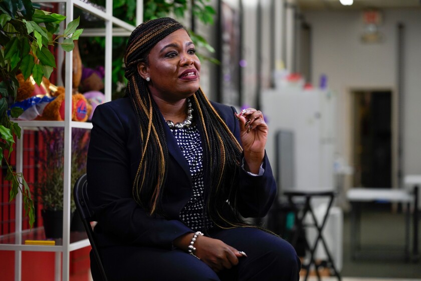 Rep. Cori Bush, D-Mo., speaks during an interview Friday, Nov. 12, 2021, in Northwoods, Mo.