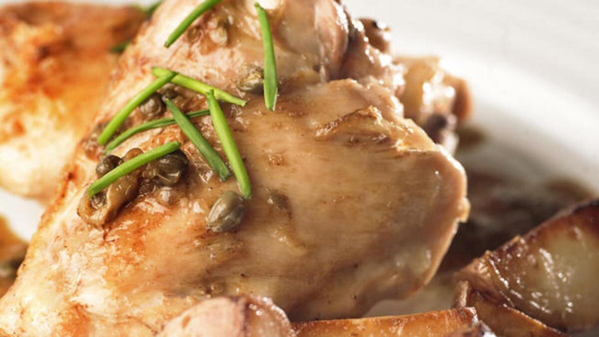Braised chicken with capers and new potatoes
