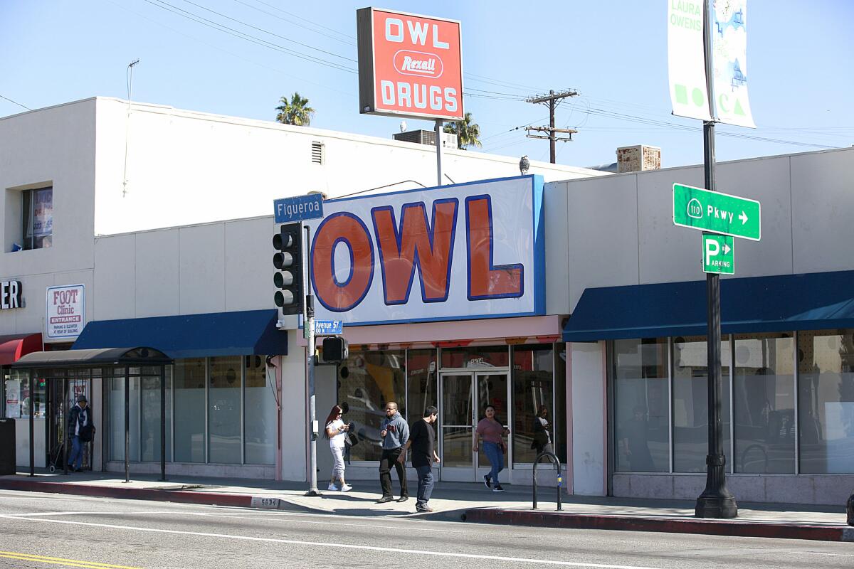 A look at the outside of the new Owl Bureau bookstore at 5634 N. Figueroa St. in Highland Park. The space was once a drugstore.