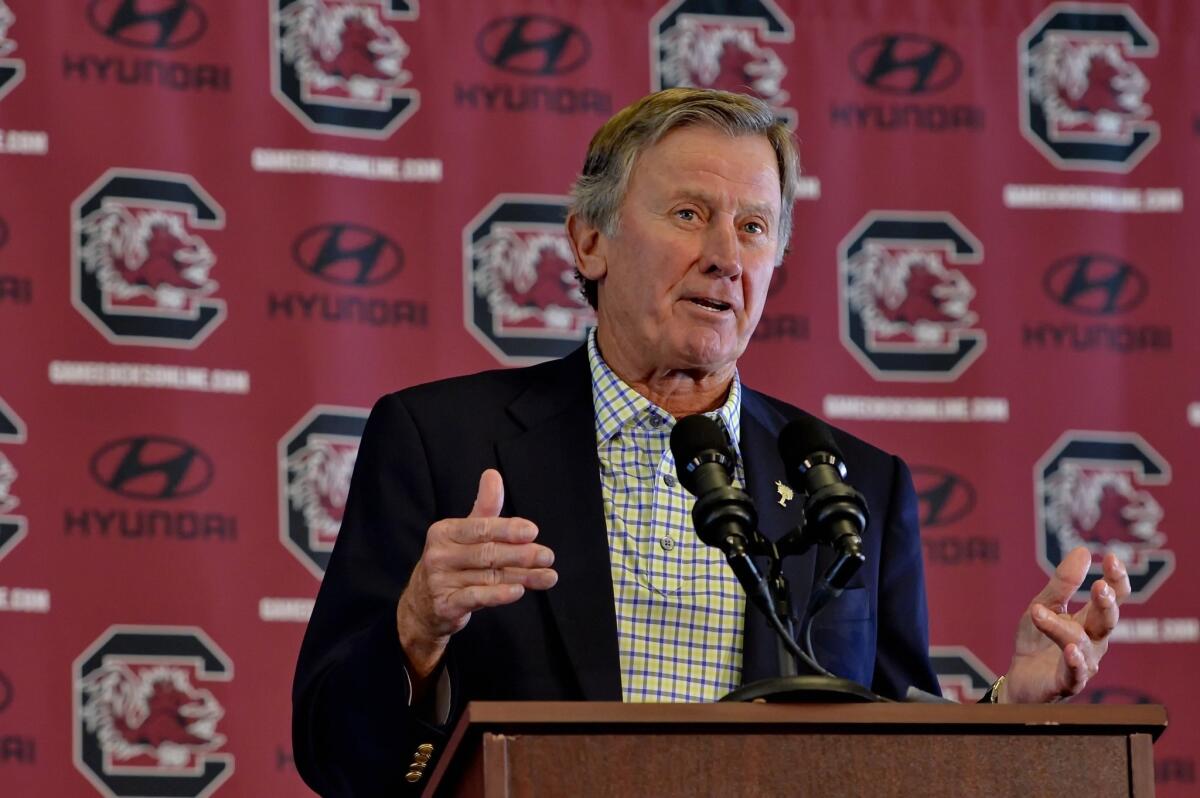 Steve Spurrier speaks during a news conference Tuesday to announce he is resigning as South Carolina's head football coach.