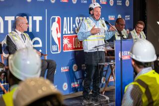 INGLEWOOD, CA - JANUARY 16: Clippers owner Steve Ballmer, center, flanked by NBA Commissioner Adam Silver, left, Inglewood Mayor James Butts and LA Mayor Karen Bass, at press conference announces that the 2026 NBA All-Star Game will be held at the team's new arena Intuit Dome on Tuesday, Jan. 16, 2024 in Inglewood, CA. (Irfan Khan / Los Angeles Times)