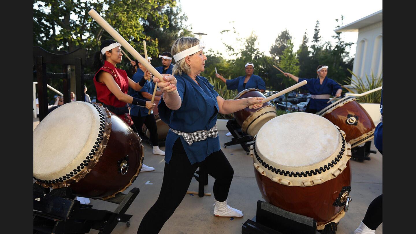 The Japanese percussion group Makoto Taiko performs as part of the Brand Library Plaza Series at the Brand Library in Glendale on Friday, July 21, 2017.