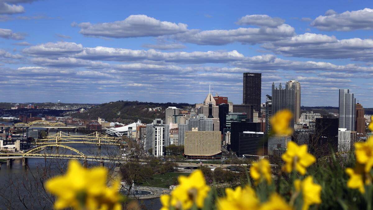 The skyline of downtown Pittsburgh in spring 2015.