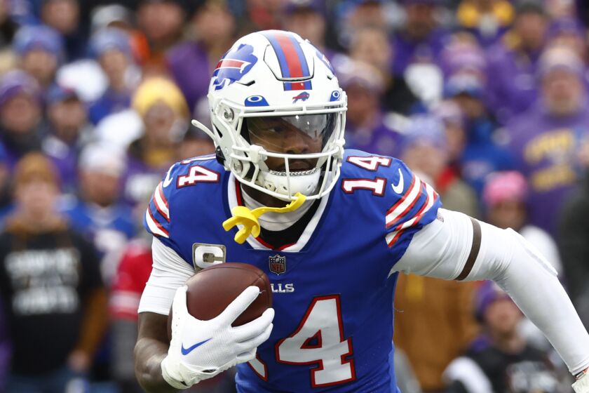 Buffalo Bills wide receiver Stefon Diggs during the first half of an NFL football game against the Minnesota Vikings, Sunday, Nov. 13, 2022, in Orchard Park, N.Y. (AP Photo/Jeffrey T. Barnes)