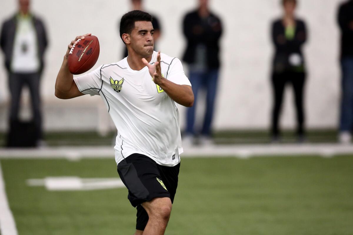 Former Oregon quarterback Marcus Mariota could be a fit for the Washington Redskins or New York Jets, but will he still be available when those teams draft on Thursday?