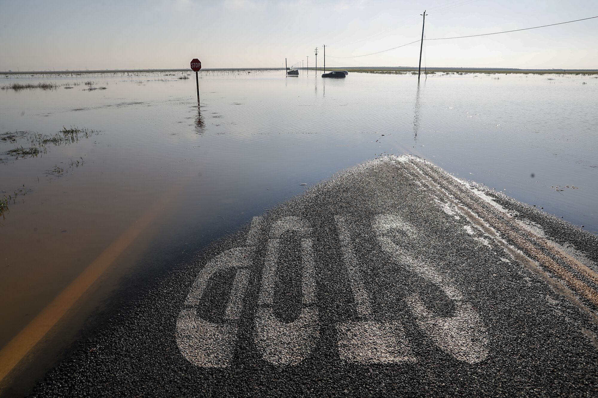 Vehicles are submerged in floodwaters on a road with a stop sign.
