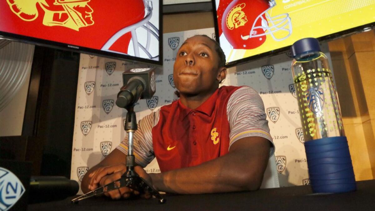 USC defensive back Adoree' Jackson answers questions during Pac-12 media days on July 14.