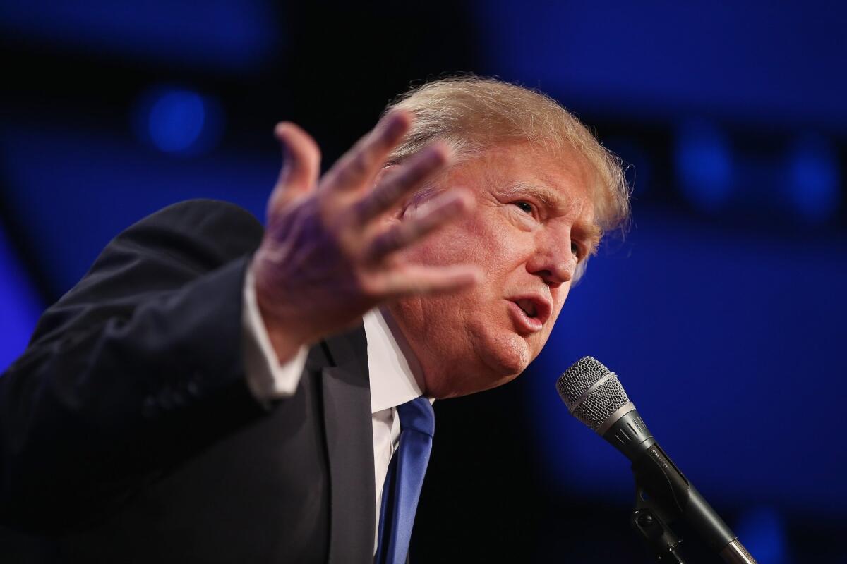 Donald Trump speaks at the Republican Party of Iowa's Lincoln Dinner in Des Moines on May 16.