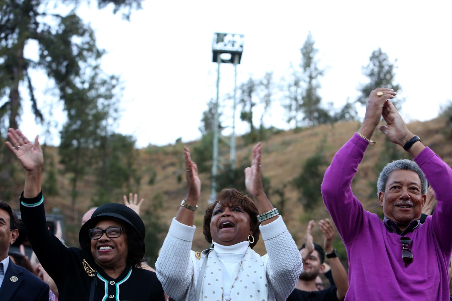 Hillary Clinton supporters cheer at the Greek Theatre.