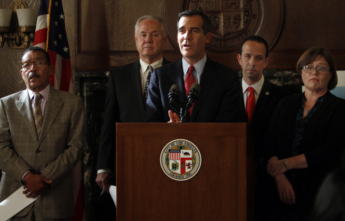 City Council President Herb Wesson, Councilman Tom LaBonge, Mayor Eric Garcetti, Councilman Mitchell Englander, and U.S. Geological Survey seismologist Dr. Lucy Jones, at a news conference at City Hall on Jan. 14, 2014.
