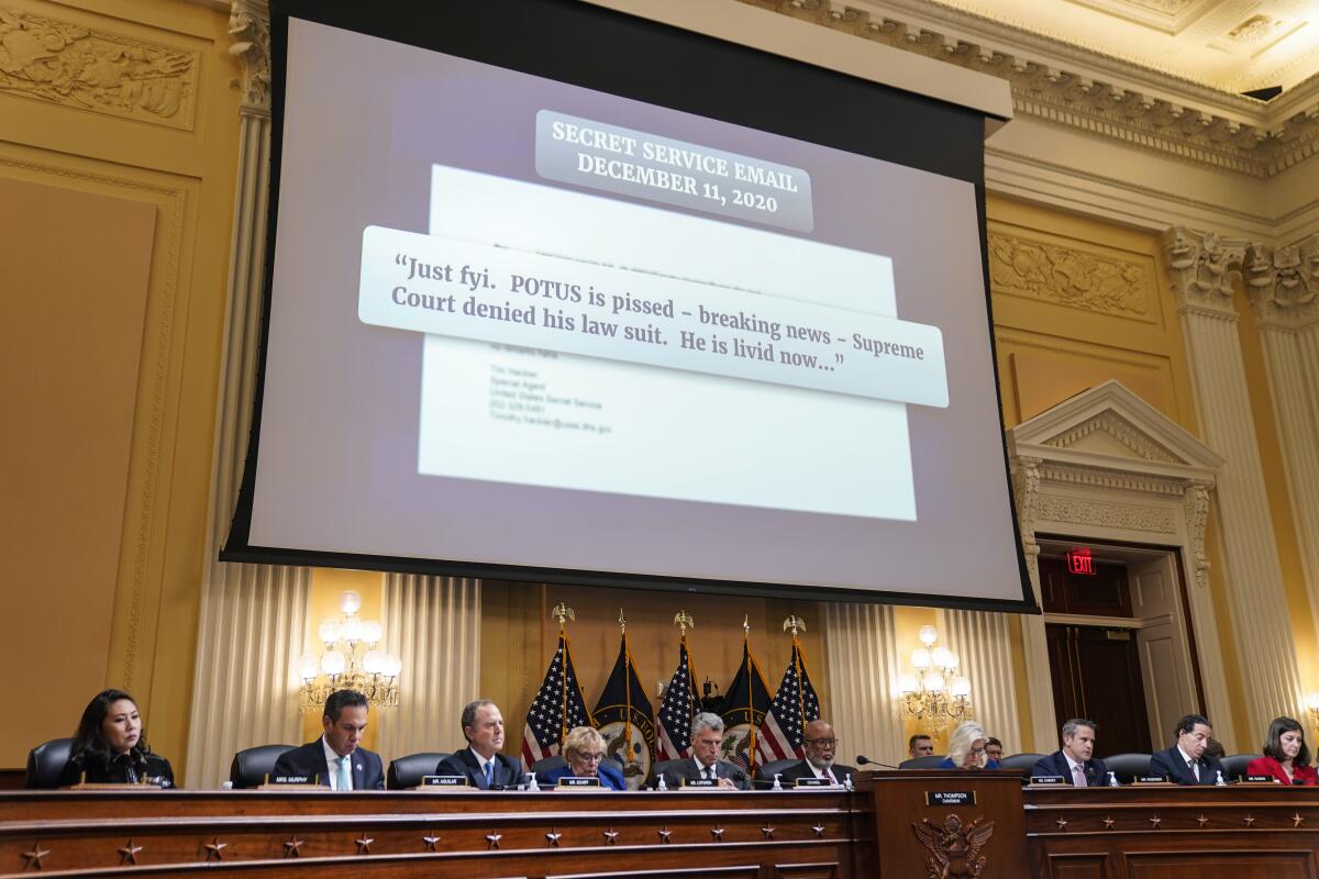 Email excerpts from the Secret Service are displayed during a hearing 