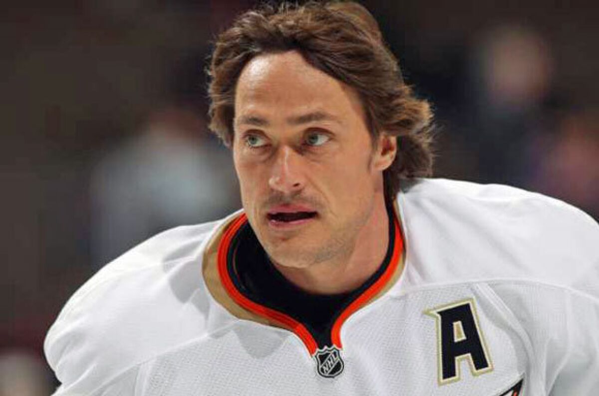 Teemu Selanne warms up prior to the March 12 game against the Colorado Avalanche.