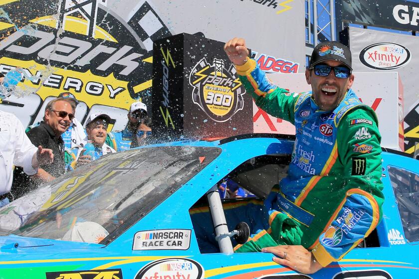 TALLADEGA, AL - MAY 06: Aric Almirola, driver of the #98 Fresh from Florida Ford, celebrates in Victory Lane after winning the NASCAR XFINITY Series Sparks Energy 300 at Talladega Superspeedway on May 6, 2017 in Talladega, Alabama. (Photo by Daniel Shirey/Getty Images) ** OUTS - ELSENT, FPG, CM - OUTS * NM, PH, VA if sourced by CT, LA or MoD **
