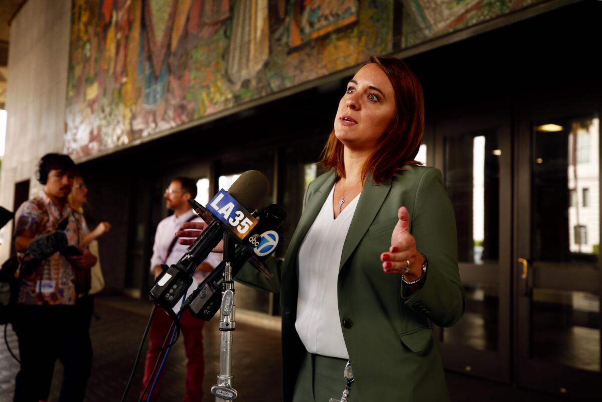 Heidi Marston, who heads the Los Angeles Homeless Services Authority, speaks to reporters in 2019.