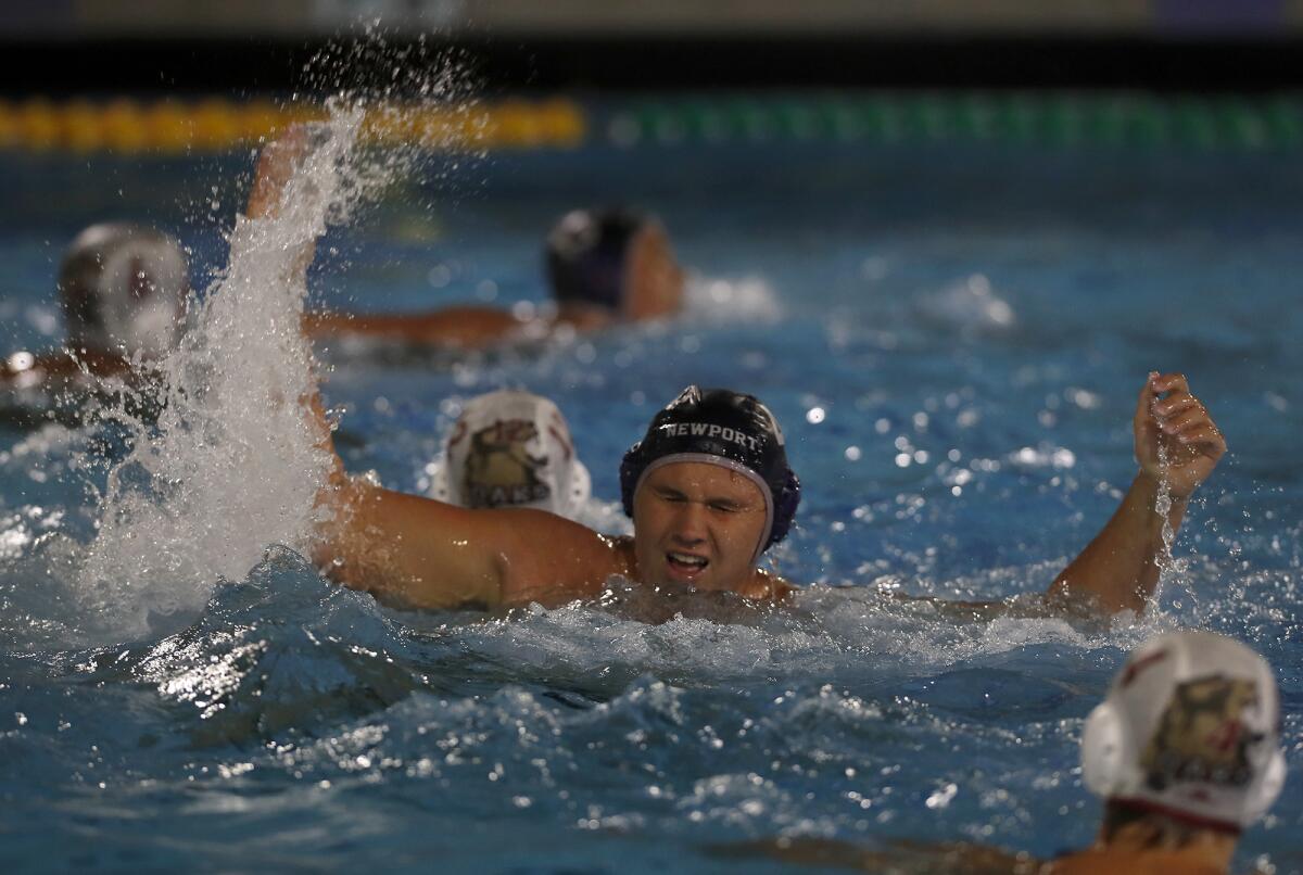 Newport Harbor's Eli Liechty reacts after giving the Sailors a 5-4 lead against Oaks Christian during the second quarter in the first round of the CIF Southern Section Division 1 playoffs on Thursday in Newport Beach.