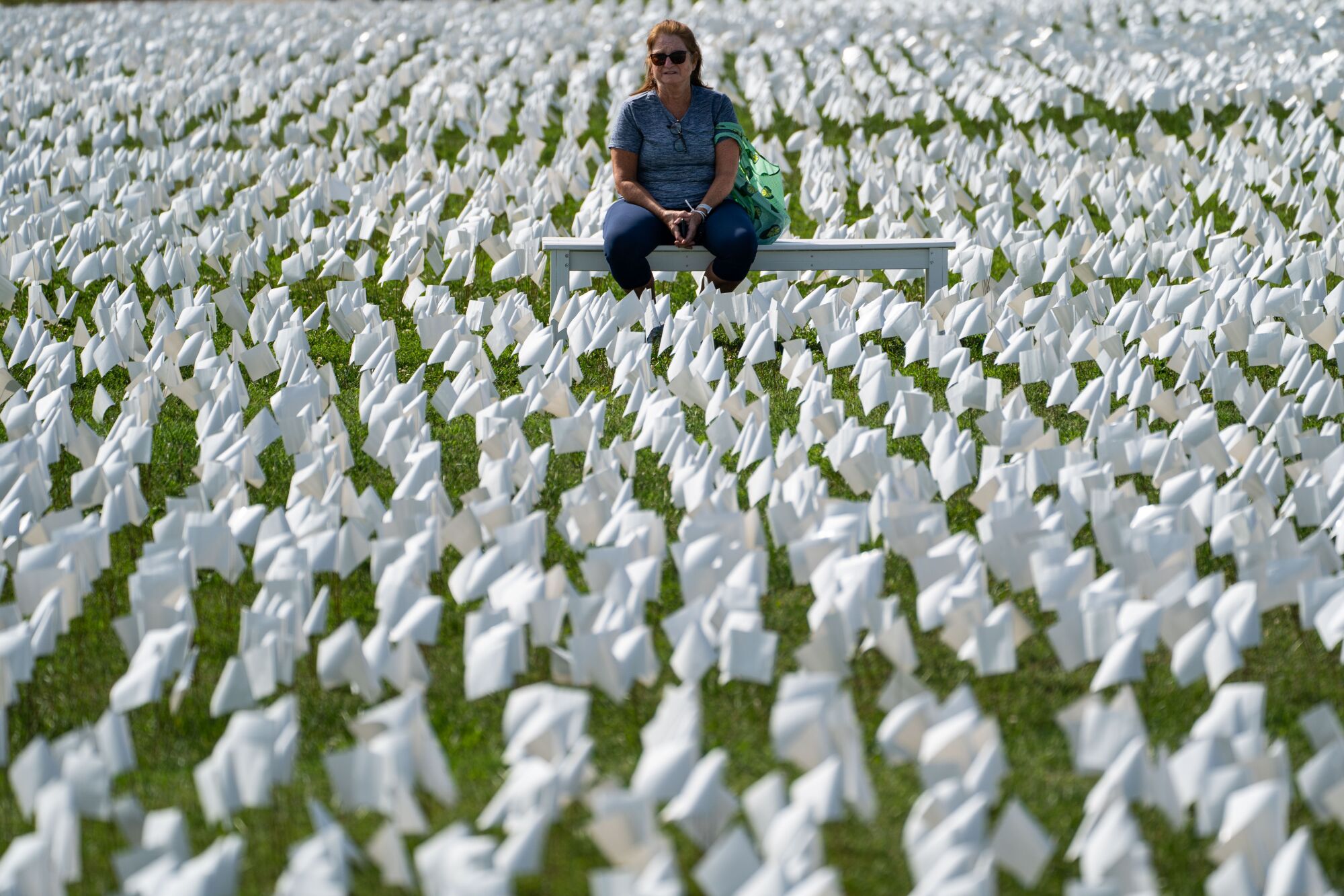 A woman sits on a bench amid rows of small white flags in the grass