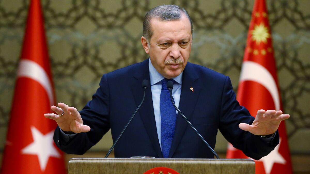 Turkish President Recep Tayyip Erdogan addresses local administrators in Ankara, the capital, on Dec. 7, 2016.