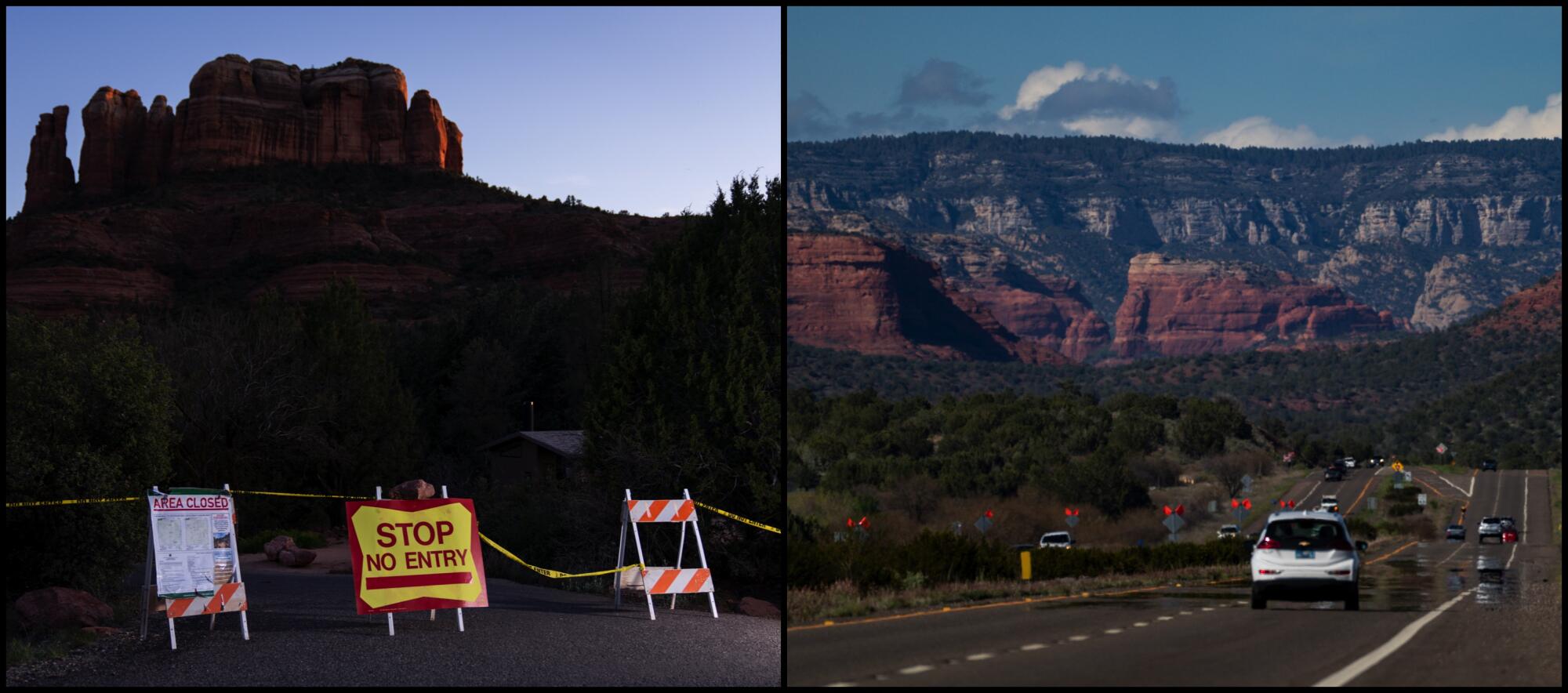 Signs block the entrance to the closed Cathedral Rock Trail. At right, Arizona State Route 89A, normally streaming with traffic, is lightly traveled on the way to Sedona.