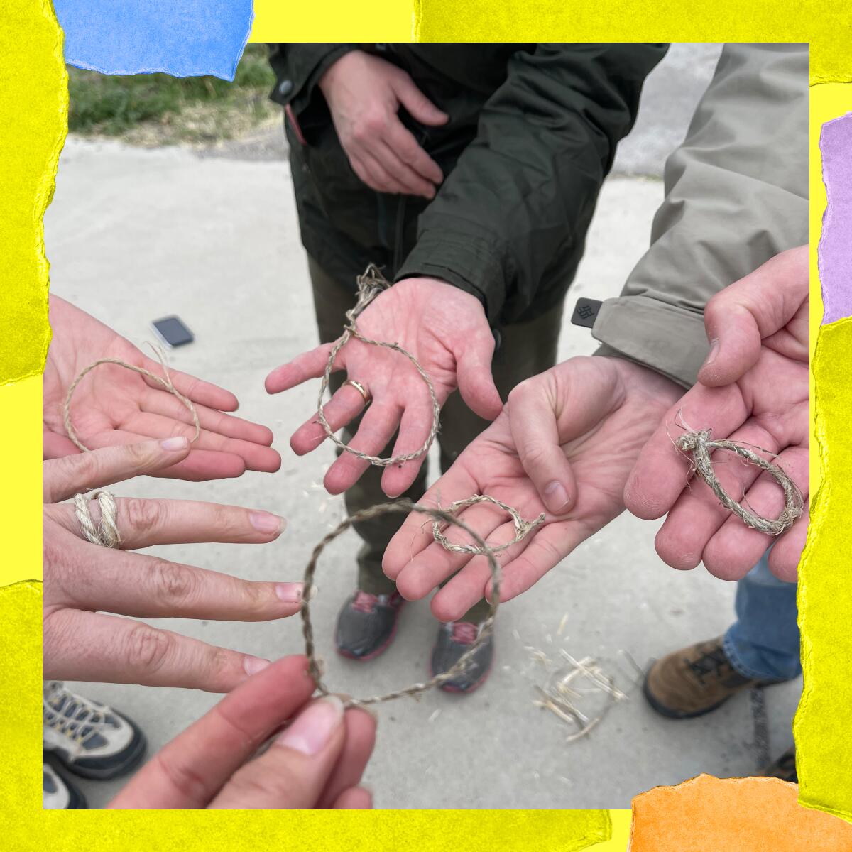 Closeup of six hands holding or wearing handmade bracelets and rings.