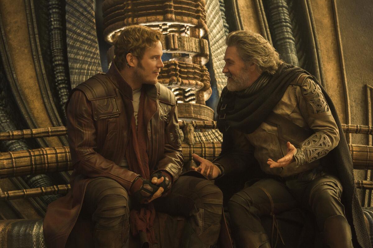 Chris Pratt as Peter Quill/Star-Lord and Kurt Russell as Ego in "Guardians of the Galaxy Vol. 2." (Chuck Zlotnick / Marvel Studios)