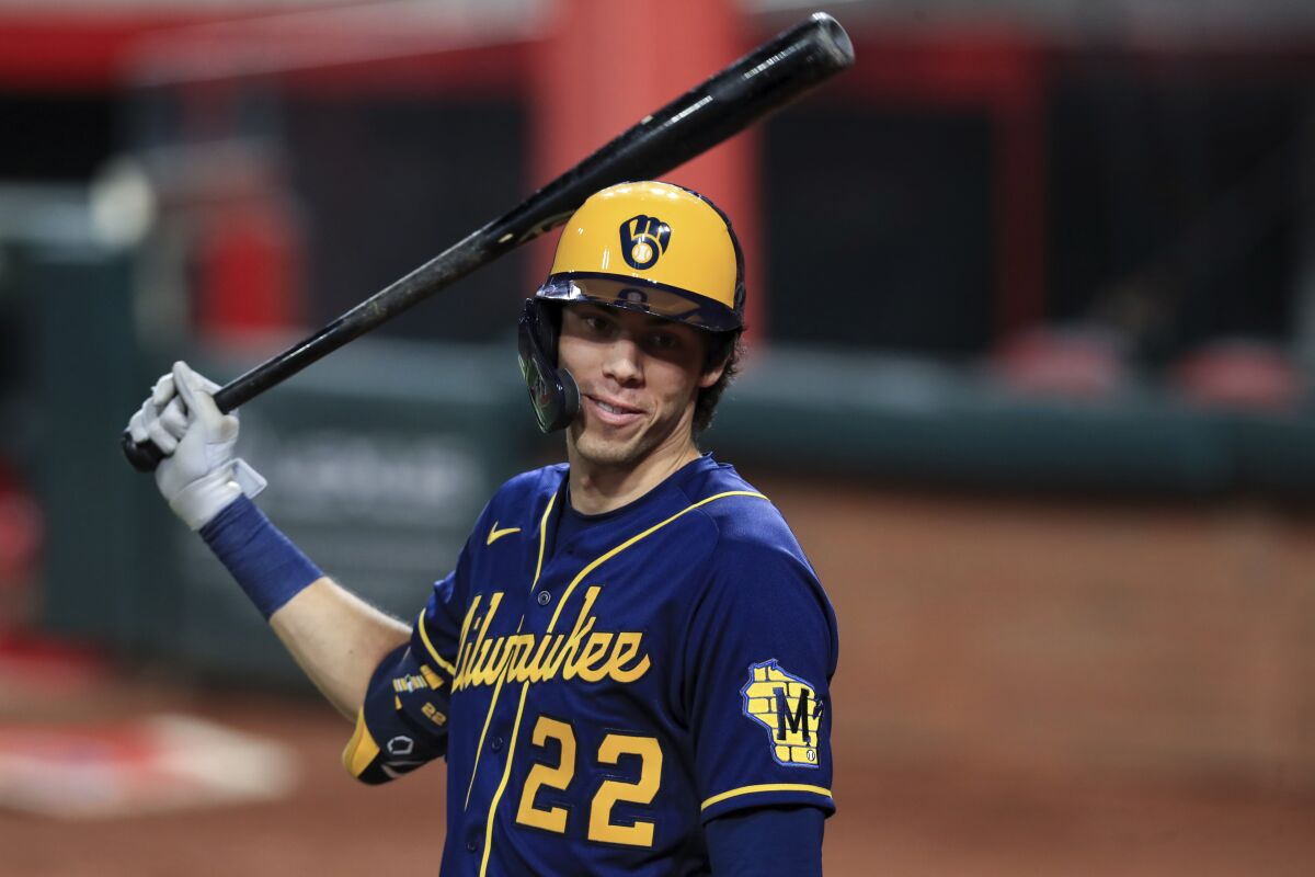 Milwaukee Brewers' Christian Yelich waits to bat.