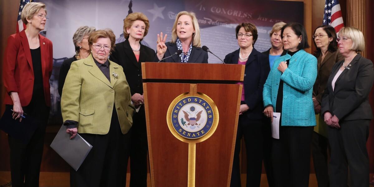 Women Democratic senators demanded an increase in the minimum wage, saying it would assist needy women. From left to right, Elizabeth Warren of Massachusetts, Barbara Boxer of California, Barbara Mikulski of Maryland, Debbie Stabenow of Michigan, Kirsten Gillibrand of New York, Amy Klobuchar of Minnesota, Tammy Baldwin of Wisconsin, Mazie Hirono of Mawaii, Maria Cantwell of Washington, and Patty Murray of Washington.