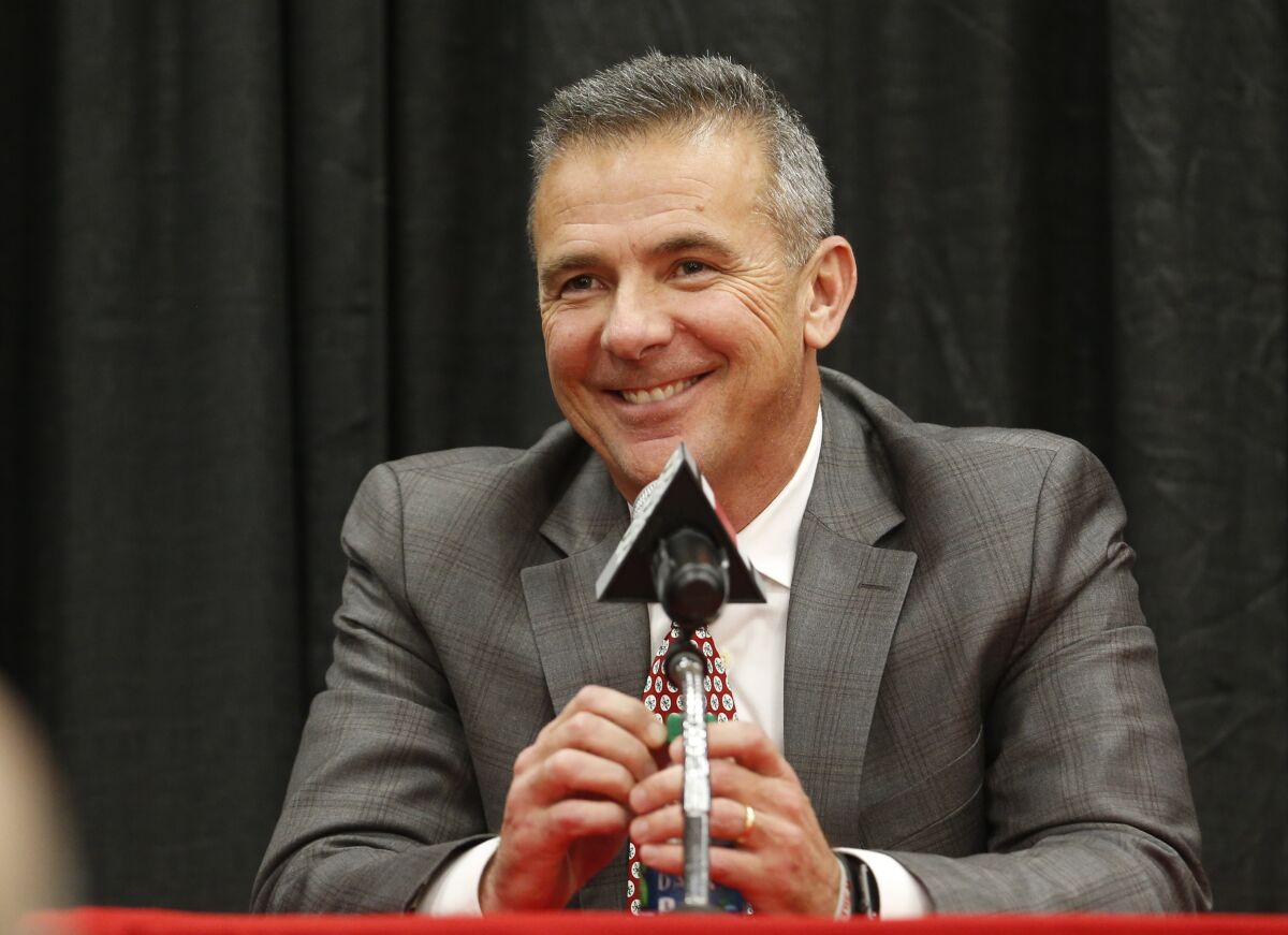 Urban Meyer announcing his retirement as Ohio State coach in 2018.