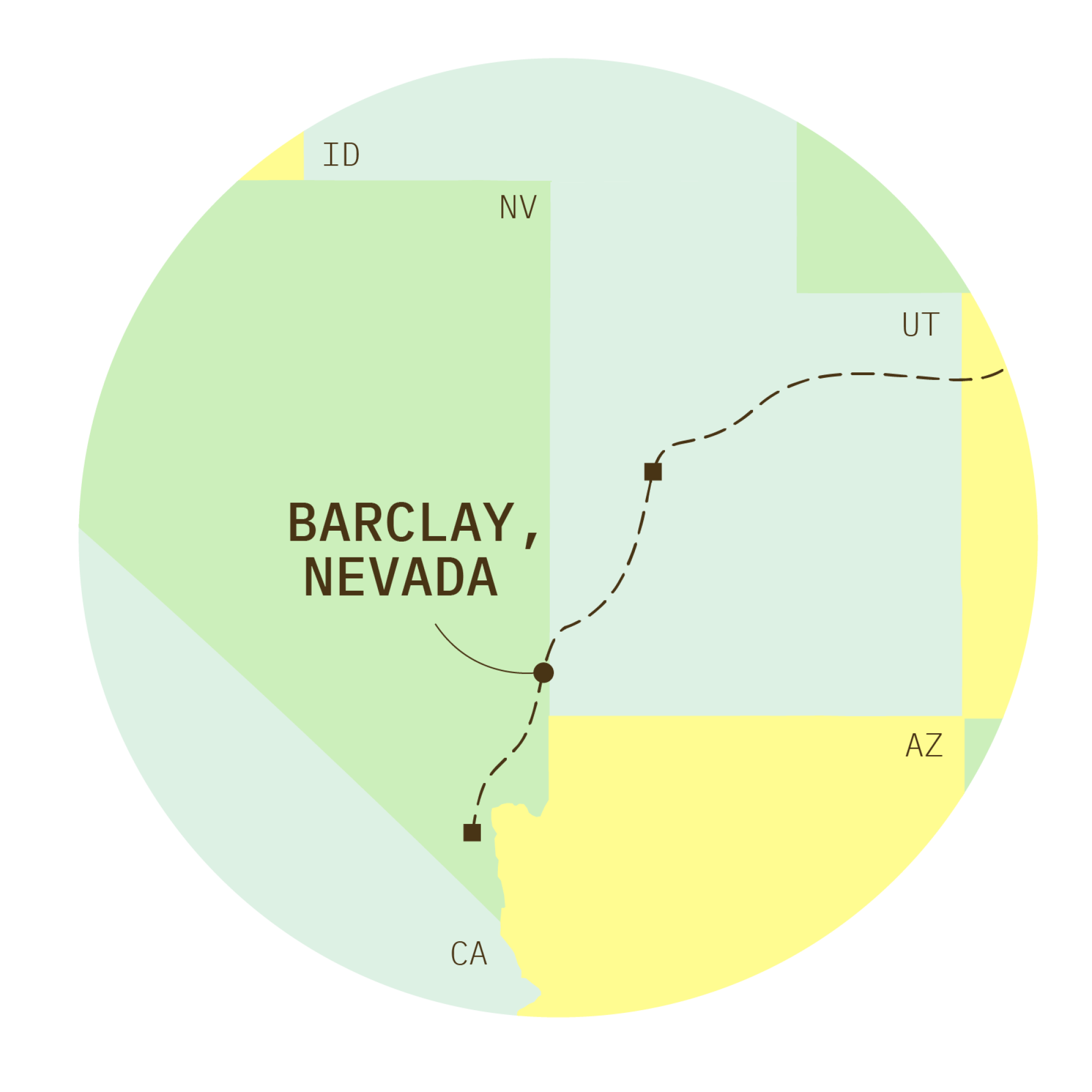 The planned route of Phil Anschutz's 732-mile power line. This closeup highlights Barclay, Nev.
