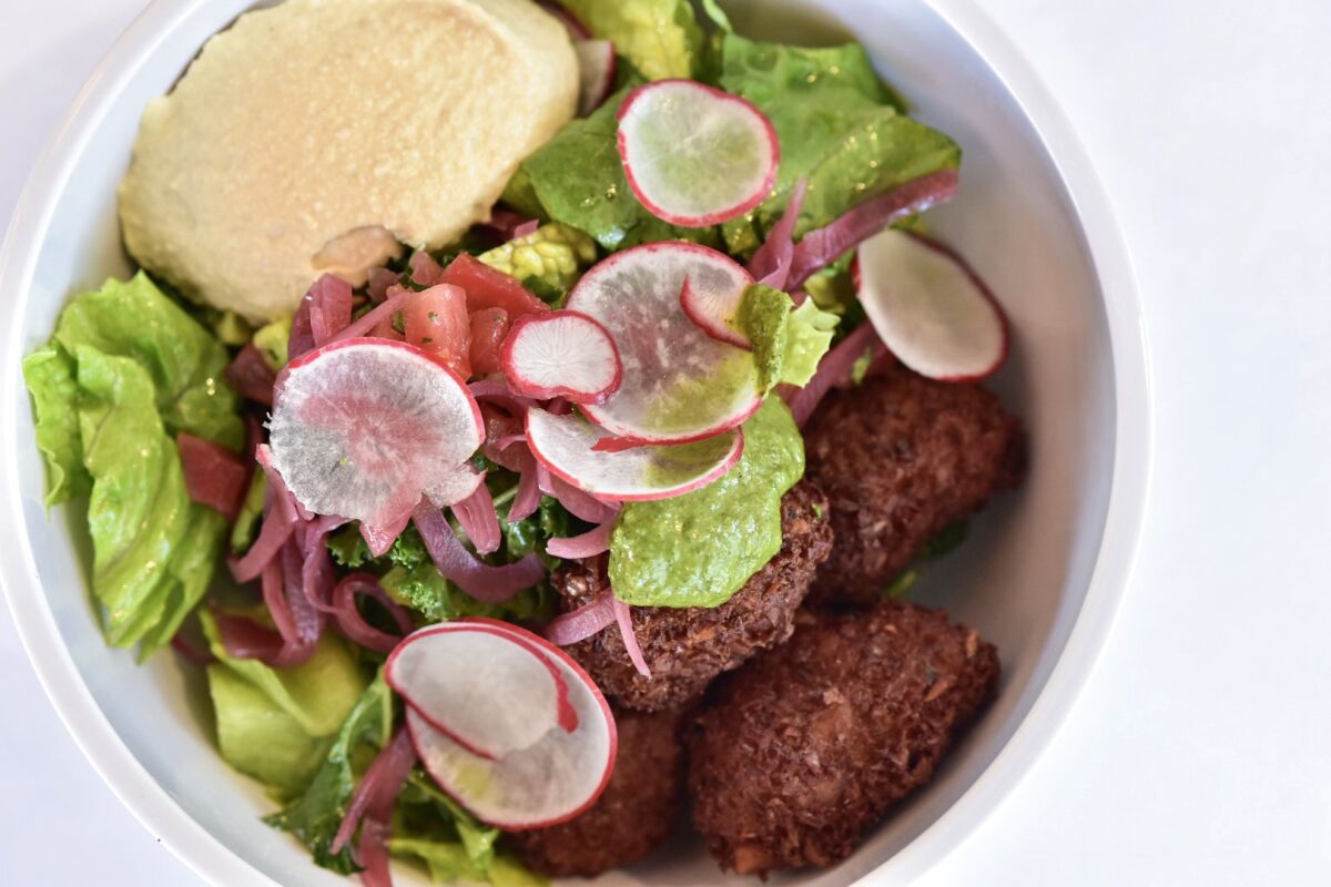 Falafel Salad from Allspice Middle Eastern Cuisine in Park Commons, a new food hall for tech workers in Sorrento Valley.