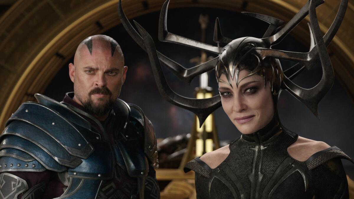Karl Urban as Skurge and Cate Blanchett as Hela in "Thor: Ragnarok." (Marvel Studios)