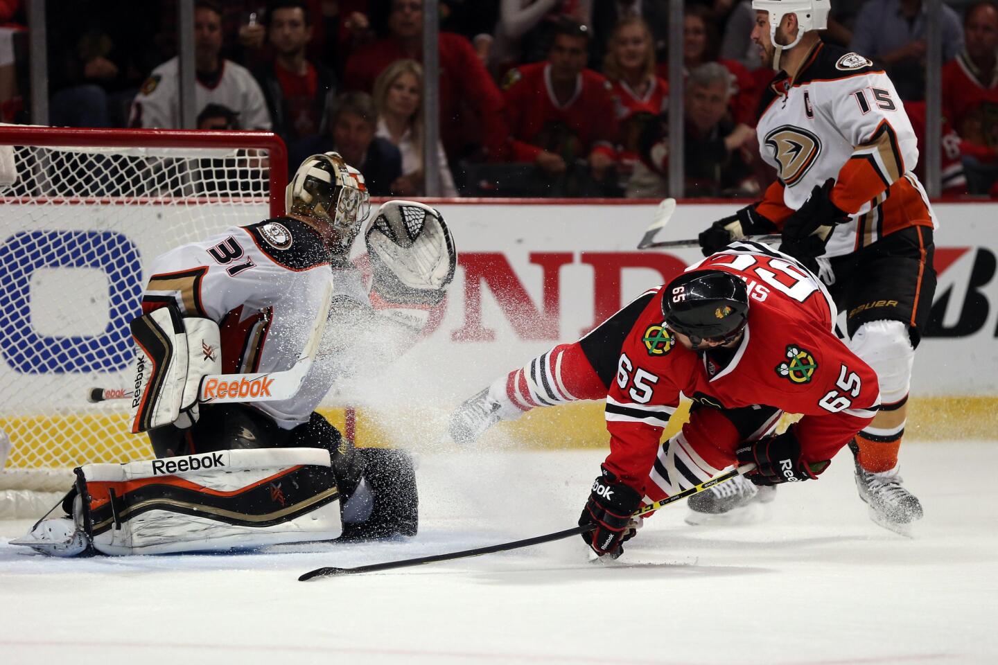 Blackhawks right wing Andrew Shaw watches his shot beat Ducks goaltender Frederik Andersen in the third period of Game 6 on Wednesday night in Chicago.