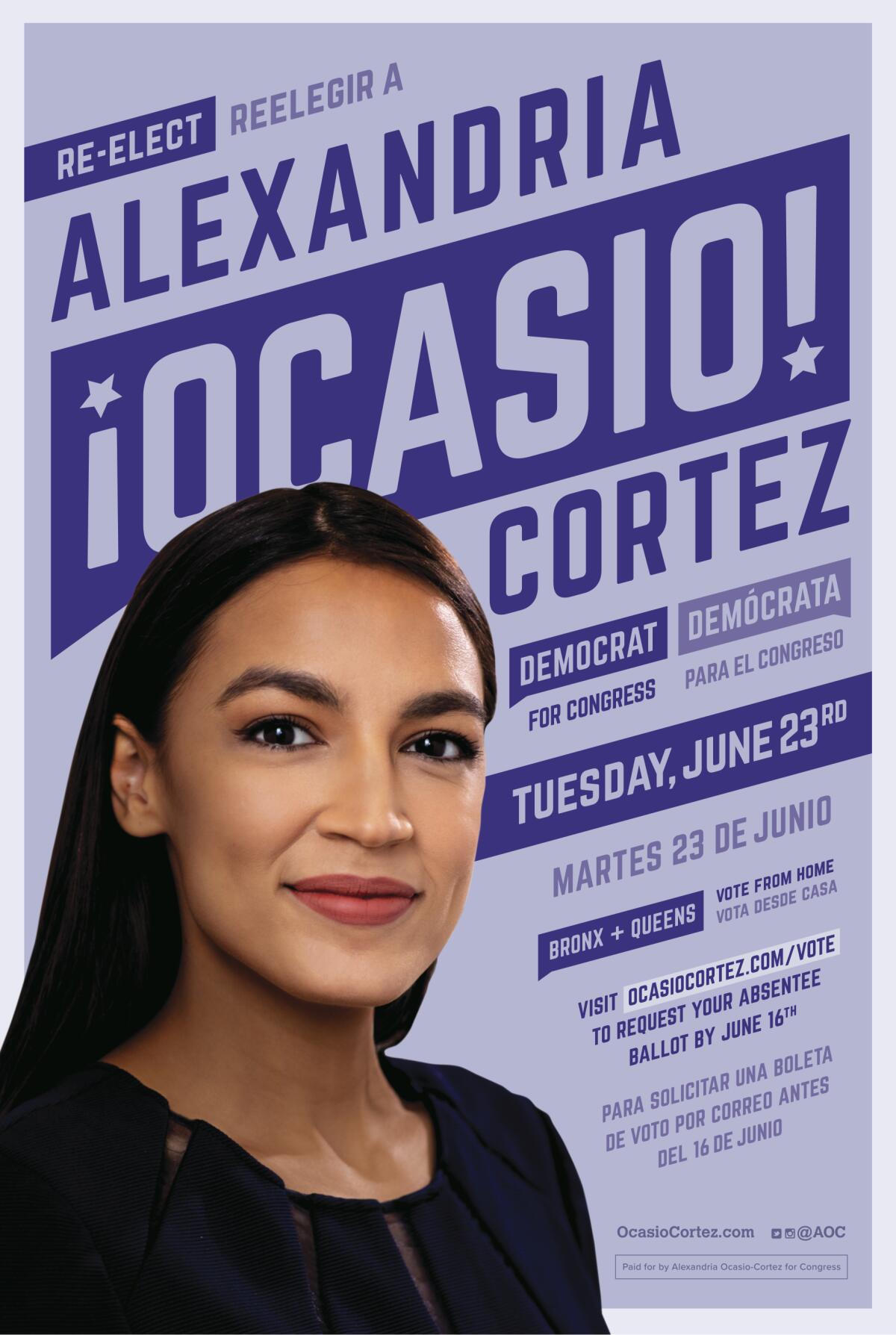A Rep. Alexandria Ocasio-Cortez campaign poster, using angled type and graphics.